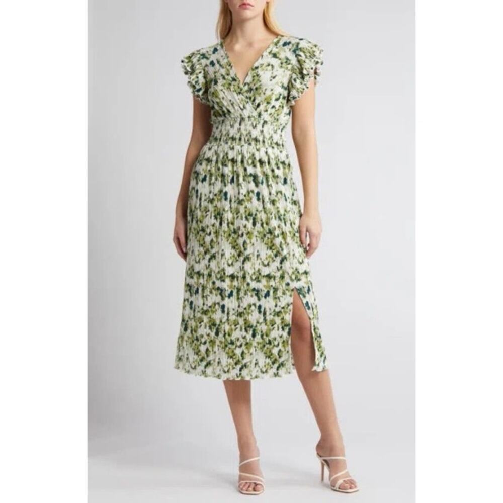 Chelsea28 Flutter Sleeve Plissé Midi Green Ivory Dress NWT Nordstrom - Large